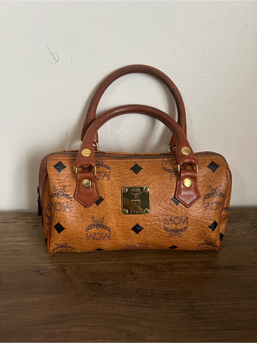 MCM Cognac/Black Visetos Mini Boston Satchel